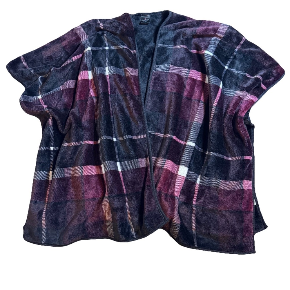 Cuddl Duds Cozy Double Plush Reversible Plaid Wine Wrap Lounge Poncho Large XL